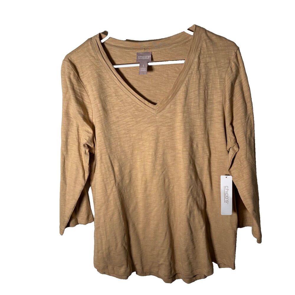 Chico's T-Shirt Women's 1 V-Neck 3/4 Sleeve Brown Solid Casual Shirt Medium NWT